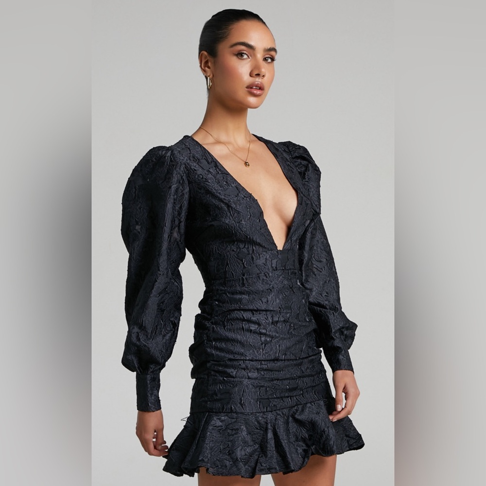 Showpo BAXIA MINI DRESS - TEXTURED BALLOON SLEEVE DRESS IN BLACK XS